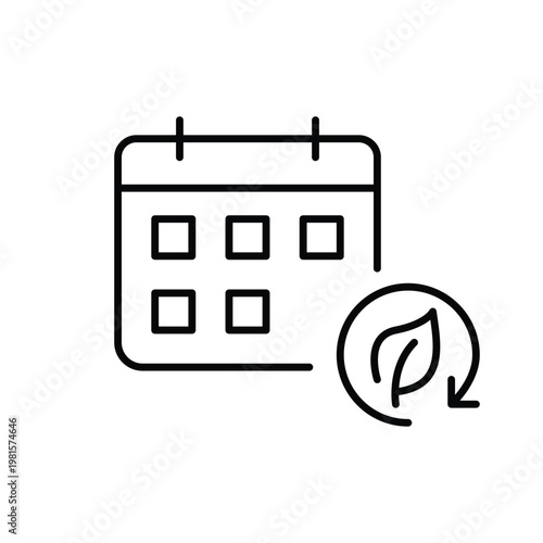 Calendar, leaf and renew arrow. Ecology events planning and date. Pixel perfect, editable stroke vector icon
