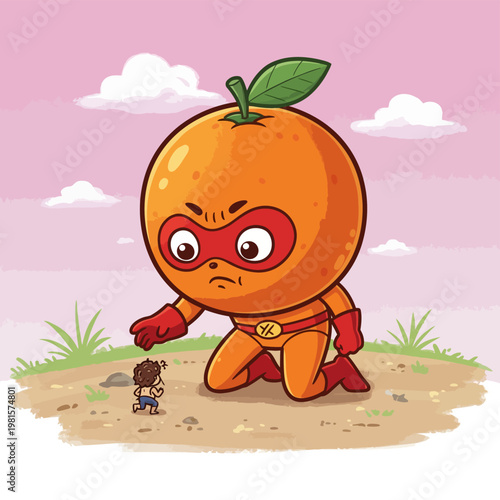 Orange Superhero Confronts Tiny Human on Grassy Field.