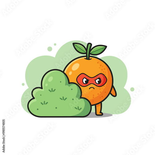Orange Superhero Hiding Behind Bush Cartoon Illustration.