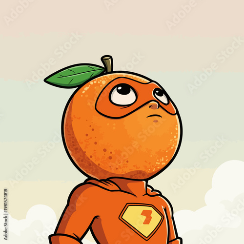 Orange Superhero Gazing Upward with Determination and Focus.
