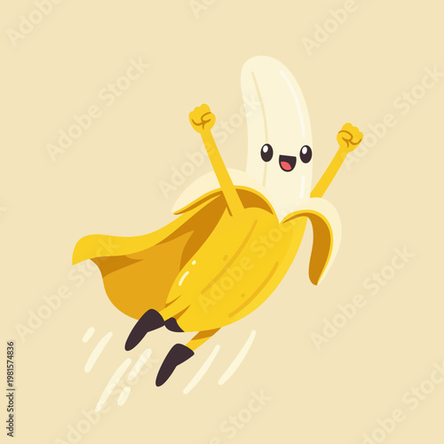 Super Banana Hero Cartoon Character Flying with Cape.
