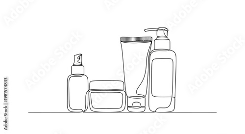 Cosmetic Products Line Art Drawing: Cream Jars, Lotion Bottle, Tube