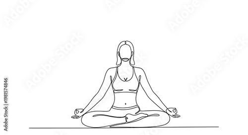 Woman meditating in lotus pose, yoga, mindfulness, calm, healthy lifestyle, line art