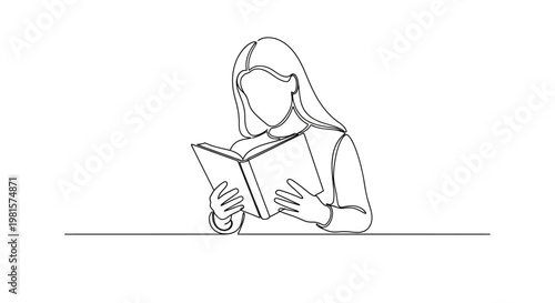 Continuous line drawing of a person reading a book, minimalist illustration, education concept