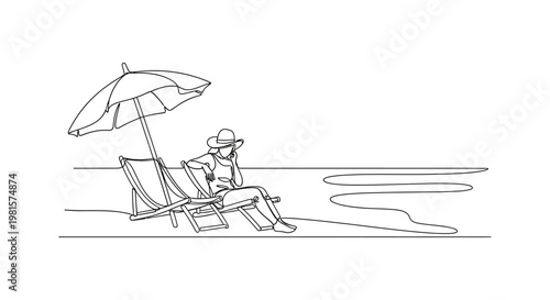 Woman Relaxing on Beach Chair Under Umbrella, Ocean View, Summer Vacation