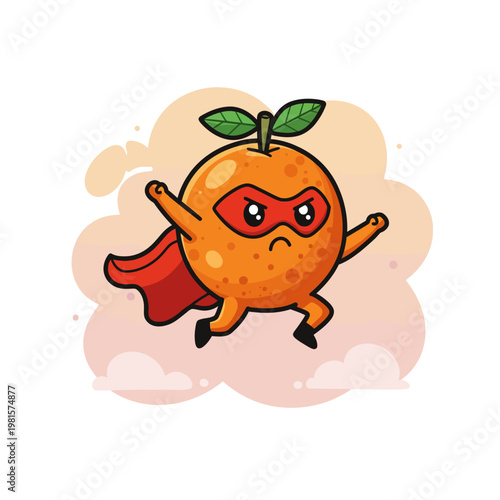 Whimsical Orange Superhero Cartoon Character Flying in the Sky.