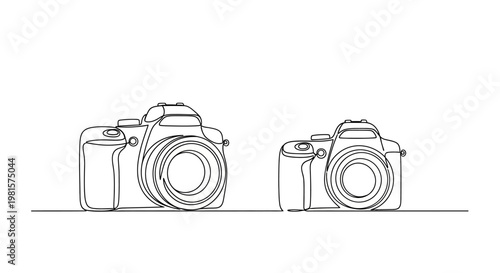 Minimalist Line Art: Two DSLR Cameras Side by Side, Black and White
