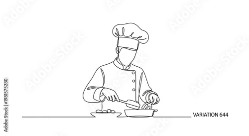 Chef Cooking Food in Pan, Line Art Illustration, Minimalist Style