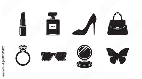 Fashion and beauty icons arranged in a grid for feminine lifestyle concepts
