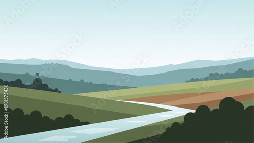 A serene landscape with a winding river through rolling hills and mountains.