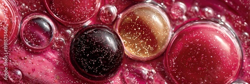 Bubbles of varying sizes and colors float beautifully within a colorful red and pink liquid creating an abstract background texture.