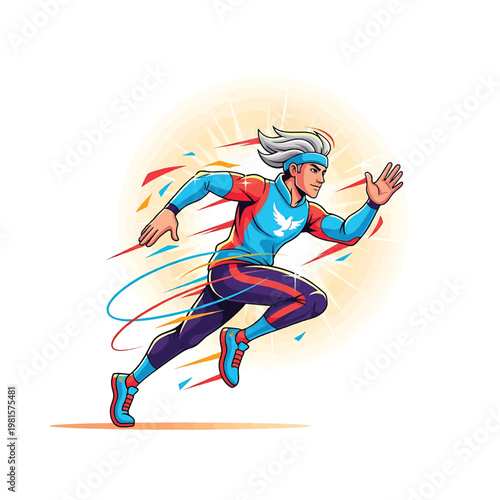 Runner in dynamic sprint with energy trails and bright colors