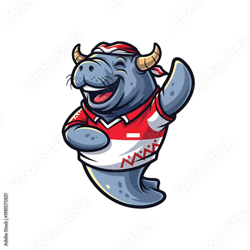 Blue bull mascot in red shirt waving