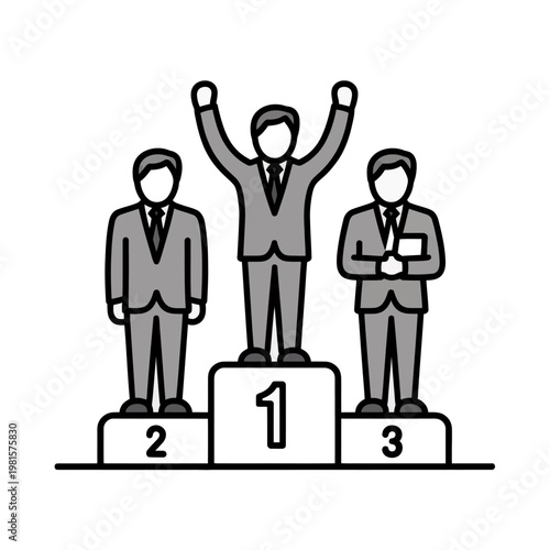 Vector of three businessmen standing on a podium with numbers 1, 2, and 3, symbolizing success and achievement in a competitive corporate environment.