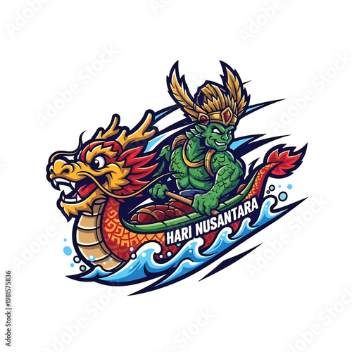 Heroic green warrior in dragon boat racing on waves with Hari Nusantara