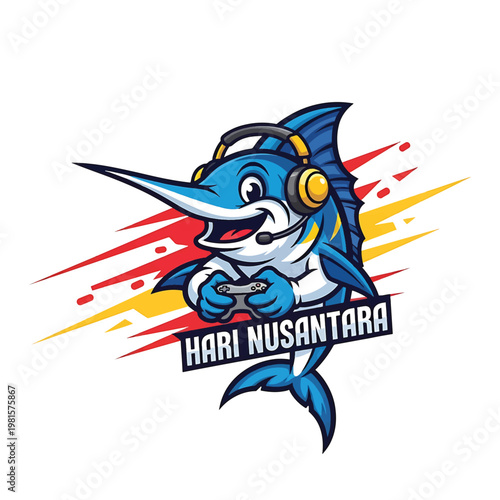 Blue marlin mascot with headset playing video game holding controller