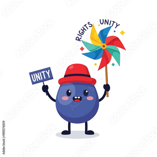 Blue bean character with hat holding unity sign and pinwheel