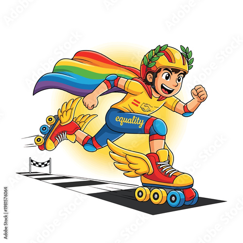 Roller skater with rainbow cape racing toward finish line