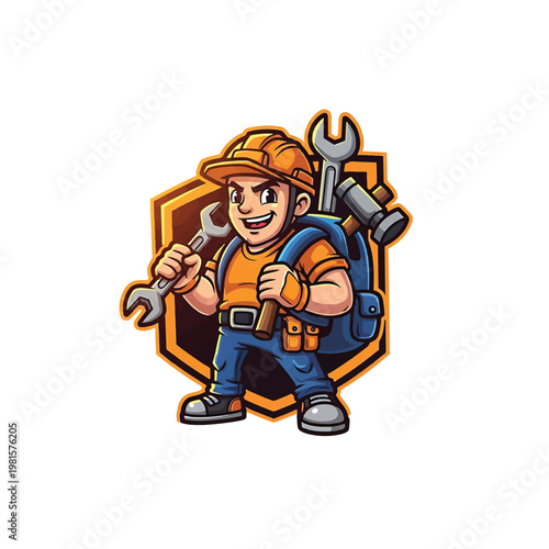 Cartoon construction worker with wrench and backpack