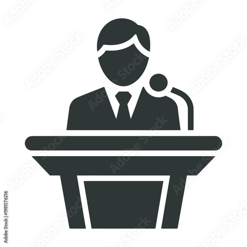 Vector graphic of a man giving a speech at a podium with a microphone.