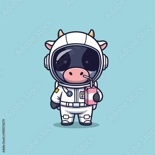Cute cartoon anthropomorphic cow character wearing a white astronaut suit and helmet, drinking from a pink juice carton with a straw, against a plain blue background.