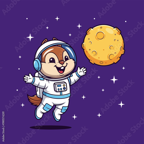 Cute cartoon chipmunk astronaut floating happily in outer space next to a yellow moon, surrounded by twinkling stars on a deep purple background illustration.