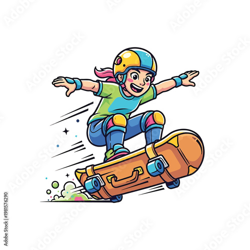 Girl Skateboarding on Jumping Orange Skateboard with Helmet and Knee Pads