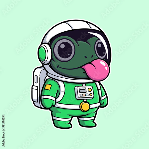Cute anthropomorphic green frog cartoon character in a detailed astronaut suit with a white helmet and backpack, sticking out its pink tongue, on a light green background.