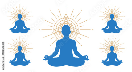 Blue silhouette of people meditating peacefully.