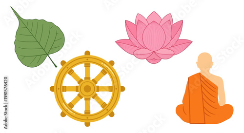 Buddha in Meditation with Dharma Wheel.