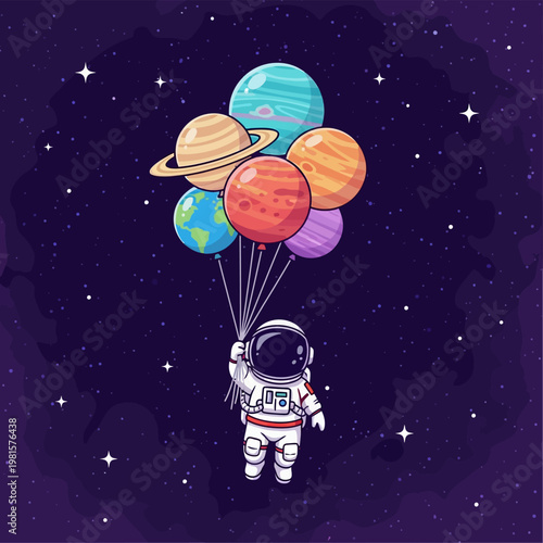 Vector illustration of a cute cartoon astronaut character in a white spacesuit holding a cluster of colorful planet-shaped balloons, floating in a dark, star-filled outer space scene.