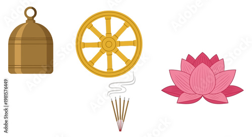 Buddhist prayer bell and symbols.