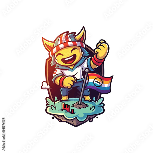 Cheerful cartoon orc mascot with flag on grassy island