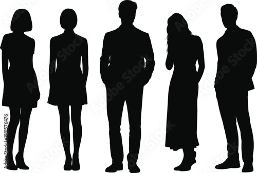 Diverse Group of Professional Business People Silhouettes Standing Together in Formal Attire Isolated on White Background for Corporate Teamwork and Success Concept