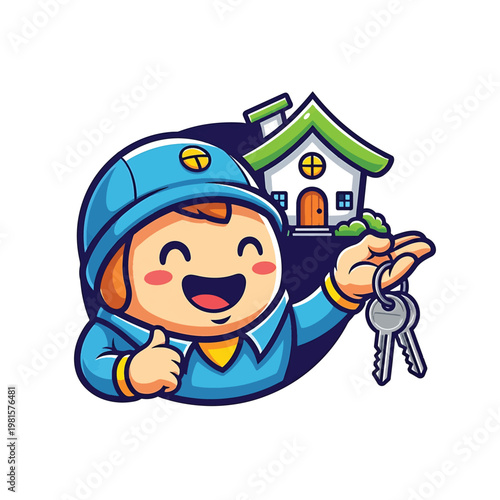 Joyful Builder with House and Keys for Home Ownership