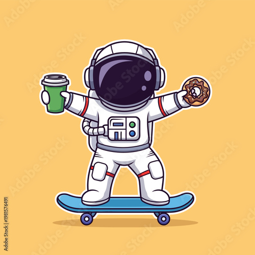Cartoon astronaut character in a white spacesuit riding a blue skateboard, holding a green coffee cup and a chocolate donut with sprinkles, on a solid light orange background.