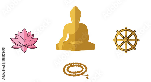 Golden Buddha Statue With Prayer Beads.