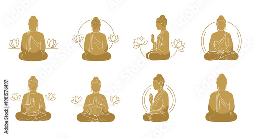 Golden Buddha Statues in Meditation Postures.