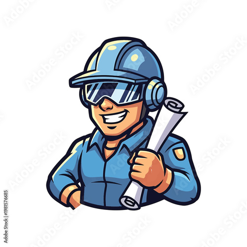 Construction Engineer Character with Helmet and Blueprint