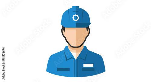 Construction worker in blue uniform and hard hat icon, isolated on white background.