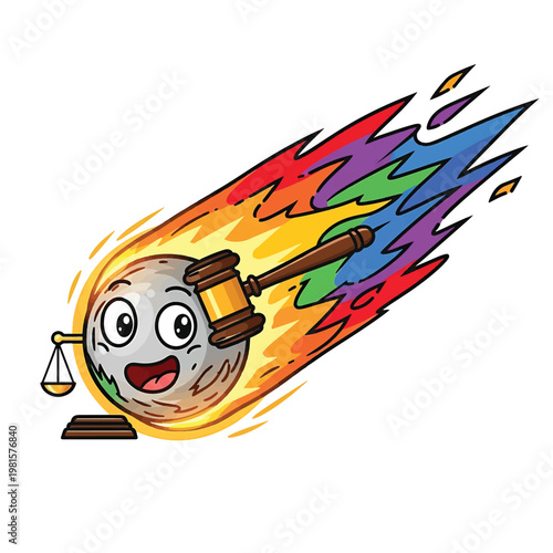 Animated meteorite with gavel and rainbow flame