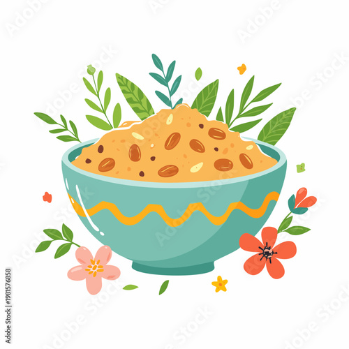 Oatmeal Porridge Bowl with Nuts and Floral Decoration Vector Illustration