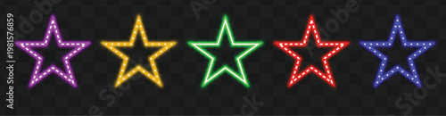 Green neon star ratings on transparent background vector graphics set