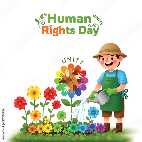 Gardener watering colorful flowers for Human Rights Day Unity