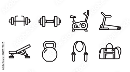 Fitness equipment icons in a clean line art style on a white background