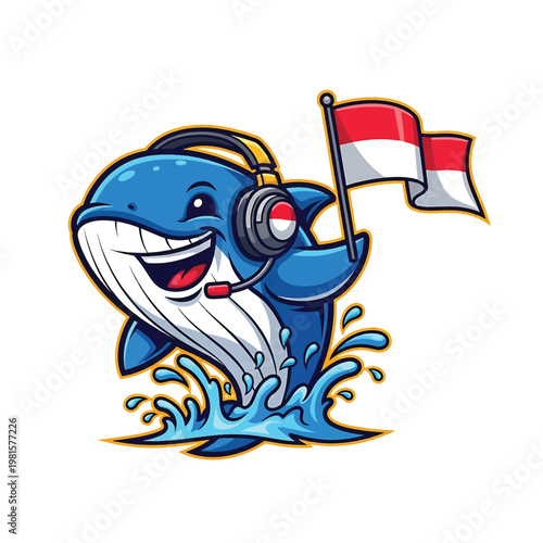 Cheerful shark mascot with headset waving flag