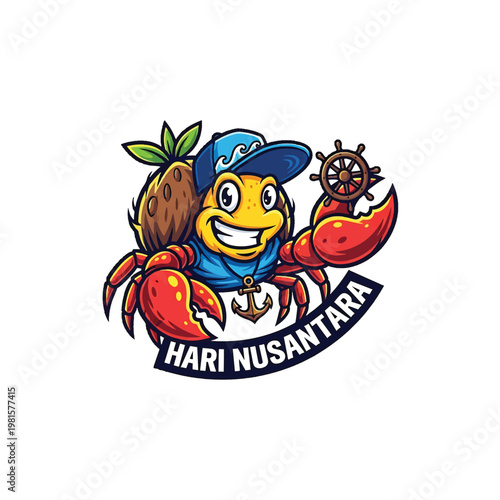 Crab Mascot with Anchor Sailboat Theme for Hari Nusantara