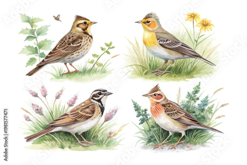 Foto set of Watercolor Lark, Meadow Songbird Art, vector illustration isolated on whi