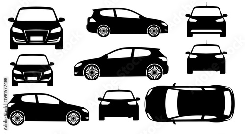 Set of Black Car Silhouettes from Different Angles: Front, Side, Top View