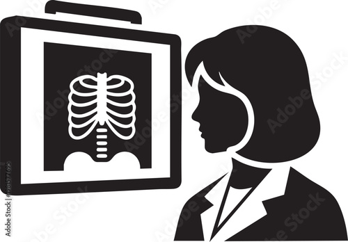 A medical professional reviewing a chest x-ray image showing the ribcage and thoracic anatomy